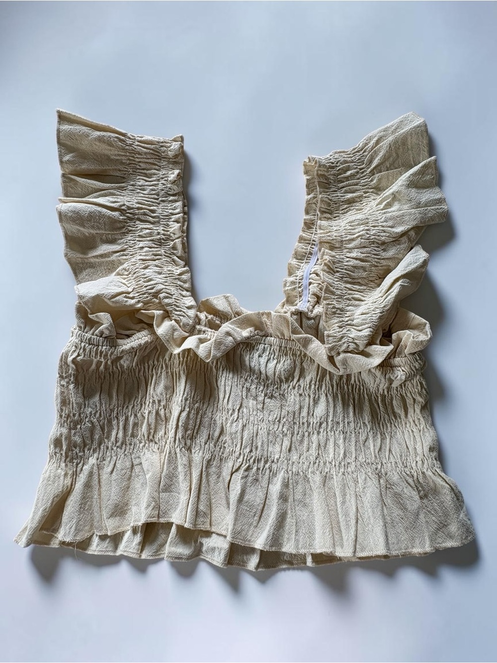 Smocked Ruffle Flutter-Sleeve Top in Beige - Square Neck, Peasant Bohemian - Picture 4 of 5